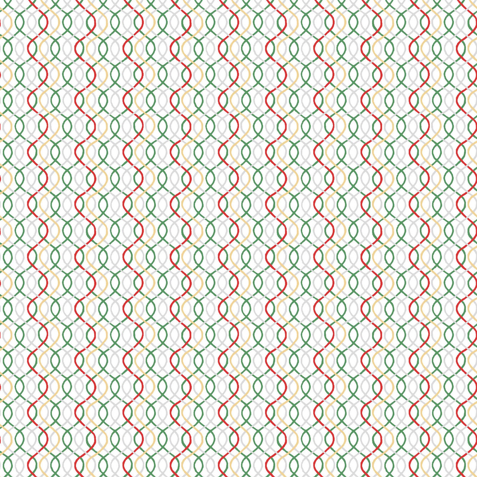 Pattern Wavy Lines / Texture Print: A versatile tonal coordinate featuring layered, wavy lines combined with tiny metallic dots, Background Colors: Snow White, rich Red, and Green, with multi-colored metallic waves from The Merry Mix collection by Maywood Studio featuring a classic Christmas color palette of snow white, berry red, and holly green. It is characterized by nostalgic holiday motifs, prancing reindeer, and florals, all elevated with shimmering metallic gold and silver accent