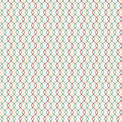 Pattern Wavy Lines / Texture Print: A versatile tonal coordinate featuring layered, wavy lines combined with tiny metallic dots, Background Colors: Snow White, rich Red, and Green, with multi-colored metallic waves from The Merry Mix collection by Maywood Studio featuring a classic Christmas color palette of snow white, berry red, and holly green. It is characterized by nostalgic holiday motifs, prancing reindeer, and florals, all elevated with shimmering metallic gold and silver accent