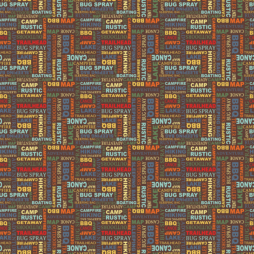 Pattern Words Brown from  The Happy Haven fabric collection, designed by Shawn Wallace for Riley Blake Designs, captures the warmth, wonder, and nostalgia of carefree childhood days spent in nature. Inspired by campfires, lake days, and starry skies, it features a cozy, earthy, and classic color palette of warm greens, reds, aquas, browns, and whites.