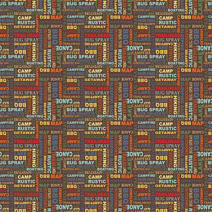 Pattern Words Brown from  The Happy Haven fabric collection, designed by Shawn Wallace for Riley Blake Designs, captures the warmth, wonder, and nostalgia of carefree childhood days spent in nature. Inspired by campfires, lake days, and starry skies, it features a cozy, earthy, and classic color palette of warm greens, reds, aquas, browns, and whites.