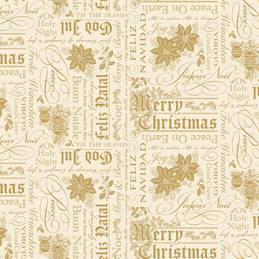 Pattern Words Cream Foil from the Poinsettias at Christmas collection, designed by Jennifer Bosworth for Riley Blake Designs, is a gorgeous holiday fabric line. It blends traditional Christmas motifs with elegant, shimmering gold metallic foil accents. The 100% cotton fabrics are perfect for heirloom-style holiday quilts, tree skirts, stockings, table runners and so much more.