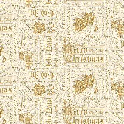 Pattern Words Cream Foil from the Poinsettias at Christmas collection, designed by Jennifer Bosworth for Riley Blake Designs, is a gorgeous holiday fabric line. It blends traditional Christmas motifs with elegant, shimmering gold metallic foil accents. The 100% cotton fabrics are perfect for heirloom-style holiday quilts, tree skirts, stockings, table runners and so much more.