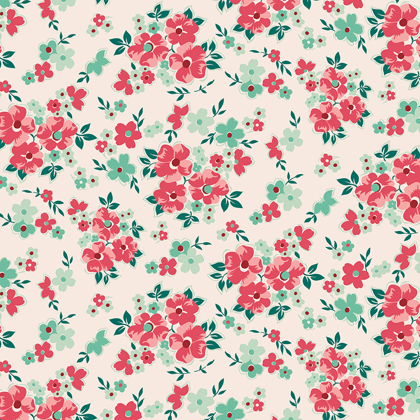 Pattern Blooms (Latte): A floral pattern featuring clusters of flowers on a creamy, neutral background. Fabric pattern is from The Berry & Sage fabric collection by Lori Holt  for Riley Blake Designs which is a vintage-inspired line  characterized by a color palette of coral, tea rose, cherry, alpine, latte, and sage. The collection features a mix of delicate florals, calicos, geometrics, and plaids.