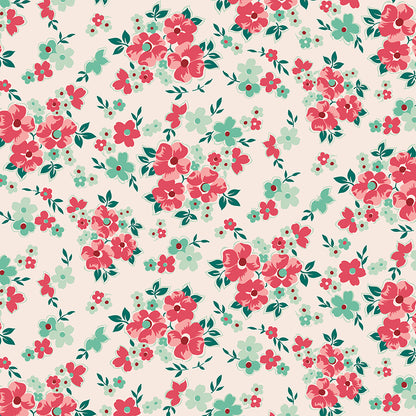 Pattern Blooms (Latte): A floral pattern featuring clusters of flowers on a creamy, neutral background. Fabric pattern is from The Berry & Sage fabric collection by Lori Holt  for Riley Blake Designs which is a vintage-inspired line  characterized by a color palette of coral, tea rose, cherry, alpine, latte, and sage. The collection features a mix of delicate florals, calicos, geometrics, and plaids.