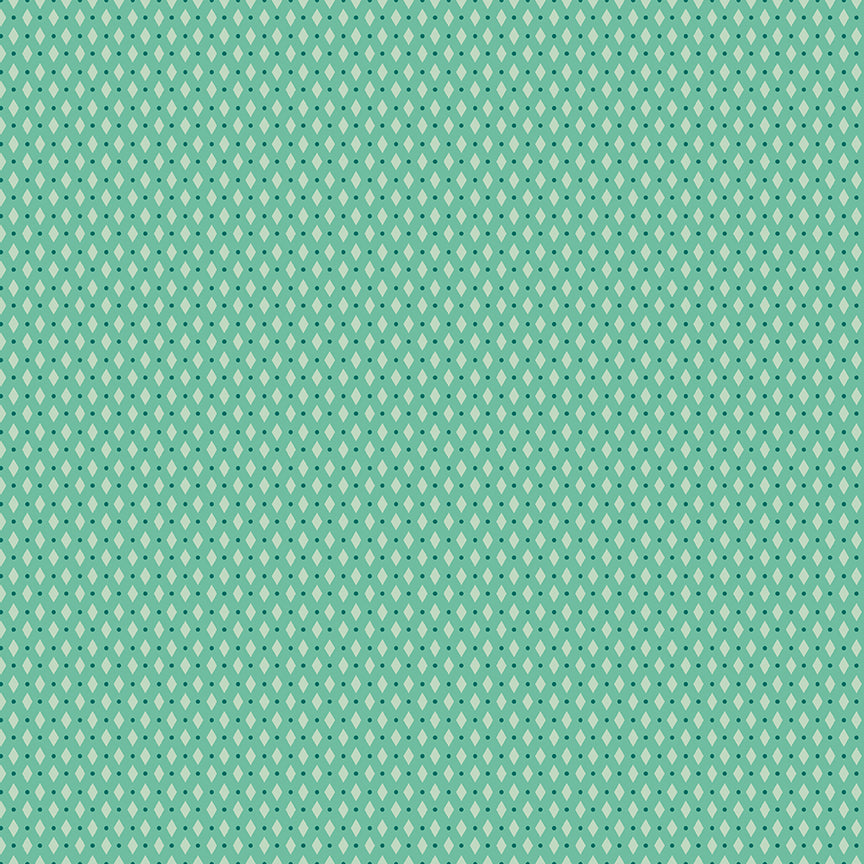 Pattern Diamonds (Leaf): A geometric pattern consisting of small, connected diamond shapes. Fabric patterns are from The Berry & Sage fabric collection by Lori Holt for Riley Blake Designs which is a vintage-inspired line  characterized by a color palette of coral, tea rose, cherry, alpine, latte, and sage.