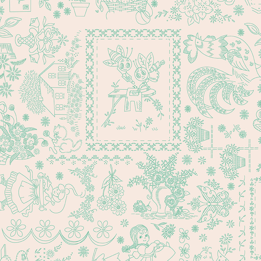 Pattern Embroidery (Latte): A print designed to look like stitched embroidery stitches.  Fabric pattern is from The Berry & Sage fabric collection by Lori Holt for Riley Blake Designs which is a vintage-inspired line  characterized by a color palette of coral, tea rose, cherry, alpine, latte, and sage. The collection features a mix of delicate florals, calicos, geometrics, and plaids.