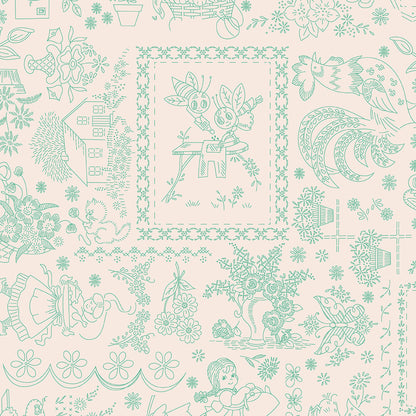 Pattern Embroidery (Latte): A print designed to look like stitched embroidery stitches.  Fabric pattern is from The Berry & Sage fabric collection by Lori Holt for Riley Blake Designs which is a vintage-inspired line  characterized by a color palette of coral, tea rose, cherry, alpine, latte, and sage. The collection features a mix of delicate florals, calicos, geometrics, and plaids.