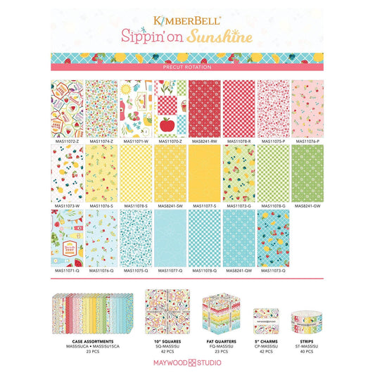 10" Precut Squares includes 42 pieces, patterns are repeated from The Sippin' on Sunshine collection by Kimberbell for Maywood Studio celebrates summer with playful picnic and warm-weather motifs. This collection features bright citrus slices, refreshing drinks, gingham checks, and ditsy florals across a vibrant palette of sky blue, lemon yellow, pink, and red.