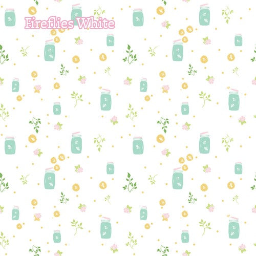 Fabric Pattern Fireflies (Green & White): A glowing tribute to summer evenings, featuring tiny, illuminated fireflies scattered across a soft-colored background. The Summer Skies and Fireflies Collection by Gracey Larson for Riley Blake Designs is inspired by nostalgic, warm summer evenings. The fabric line captures the charm of twinkling stars, picnic lunches, and fireflies dancing at dusk 