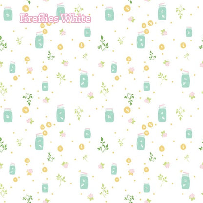 Fabric Pattern Fireflies (Green & White): A glowing tribute to summer evenings, featuring tiny, illuminated fireflies scattered across a soft-colored background. The Summer Skies and Fireflies Collection by Gracey Larson for Riley Blake Designs is inspired by nostalgic, warm summer evenings. The fabric line captures the charm of twinkling stars, picnic lunches, and fireflies dancing at dusk 