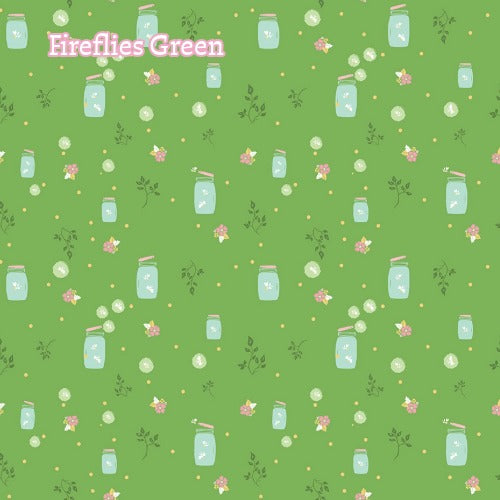 Fabric Pattern Fireflies (Green & White): A glowing tribute to summer evenings, featuring tiny, illuminated fireflies scattered across a soft-colored background. The Summer Skies and Fireflies Collection by Gracey Larson for Riley Blake Designs is inspired by nostalgic, warm summer evenings. The fabric line captures the charm of twinkling stars, picnic lunches, and fireflies dancing at dusk 