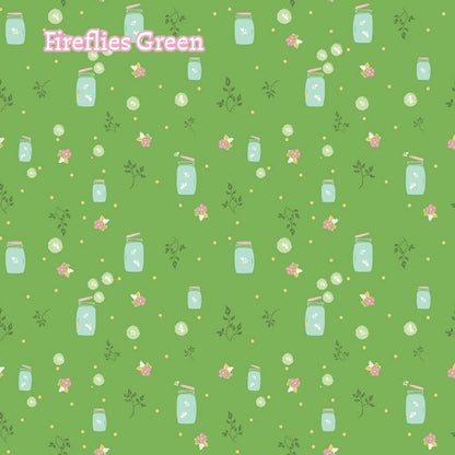 Fabric Pattern Fireflies (Green & White): A glowing tribute to summer evenings, featuring tiny, illuminated fireflies scattered across a soft-colored background. The Summer Skies and Fireflies Collection by Gracey Larson for Riley Blake Designs is inspired by nostalgic, warm summer evenings. The fabric line captures the charm of twinkling stars, picnic lunches, and fireflies dancing at dusk 