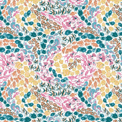Pattern Fishes Multi from The Reef fabric collection by Corinne Wells for Riley Blake Designs features a vibrant, ocean-inspired theme perfect for quilting, apparel, and home decor. It showcases playful marine life in a coastal palette of breezy blues, deep teals, soft pinks, and powder hues.