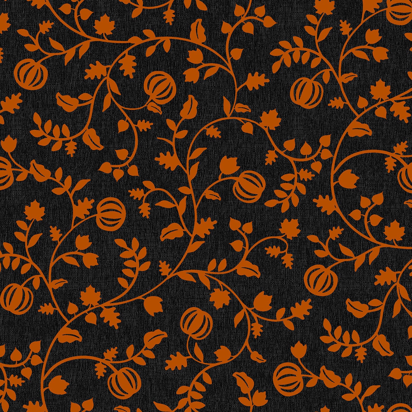Pattern from the Pumpkin Grove fabric Collection Pumpkin Vine: Twisting vines and leaves intertwining with growing pumpkins. Backgrounds: Available in dark Greige and Orange. The Collection by Maywood Studio is a rustic, farmhouse-inspired Halloween line featuring sophisticated seasonal palette and includes22 patterns characterized by textured backgrounds and classic spooky motifs