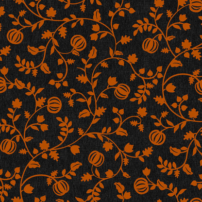 Pattern from the Pumpkin Grove fabric Collection Pumpkin Vine: Twisting vines and leaves intertwining with growing pumpkins. Backgrounds: Available in dark Greige and Orange. The Collection by Maywood Studio is a rustic, farmhouse-inspired Halloween line featuring sophisticated seasonal palette and includes22 patterns characterized by textured backgrounds and classic spooky motifs