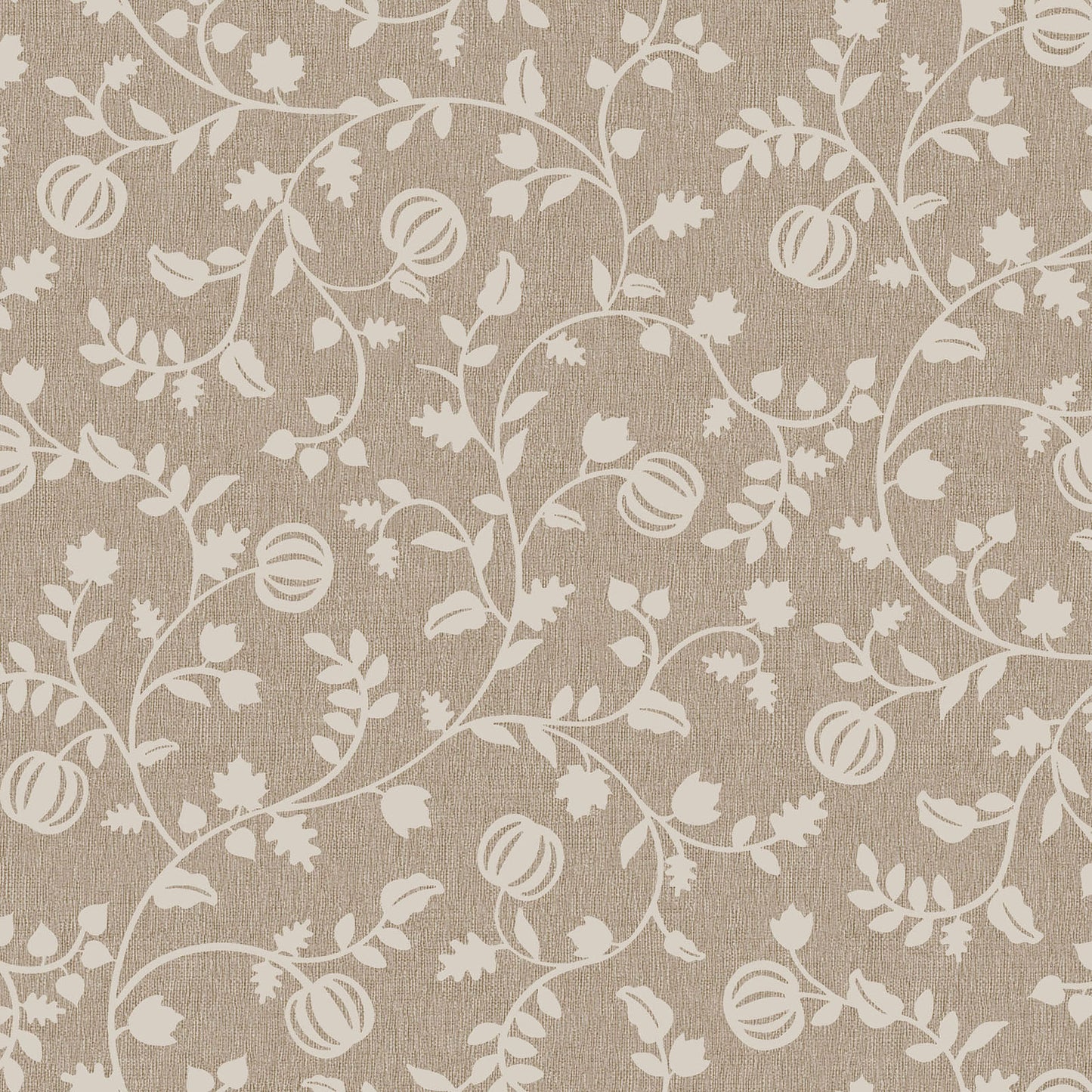 Pattern from the Pumpkin Grove fabric Collection Pumpkin Vine: Twisting vines and leaves intertwining with growing pumpkins. Backgrounds: Available in dark Greige and Orange. The Collection by Maywood Studio is a rustic, farmhouse-inspired Halloween line featuring sophisticated seasonal palette and includes22 patterns characterized by textured backgrounds and classic spooky motifs