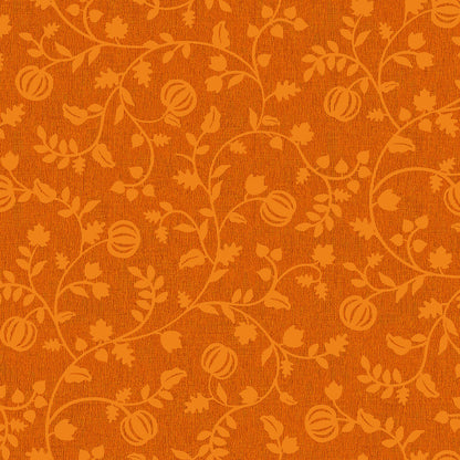 Pattern from the Pumpkin Grove fabric Collection Pumpkin Vine: Twisting vines and leaves intertwining with growing pumpkins. Backgrounds: Available in dark Greige and Orange. The Collection by Maywood Studio is a rustic, farmhouse-inspired Halloween line featuring sophisticated seasonal palette and includes22 patterns characterized by textured backgrounds and classic spooky motifs