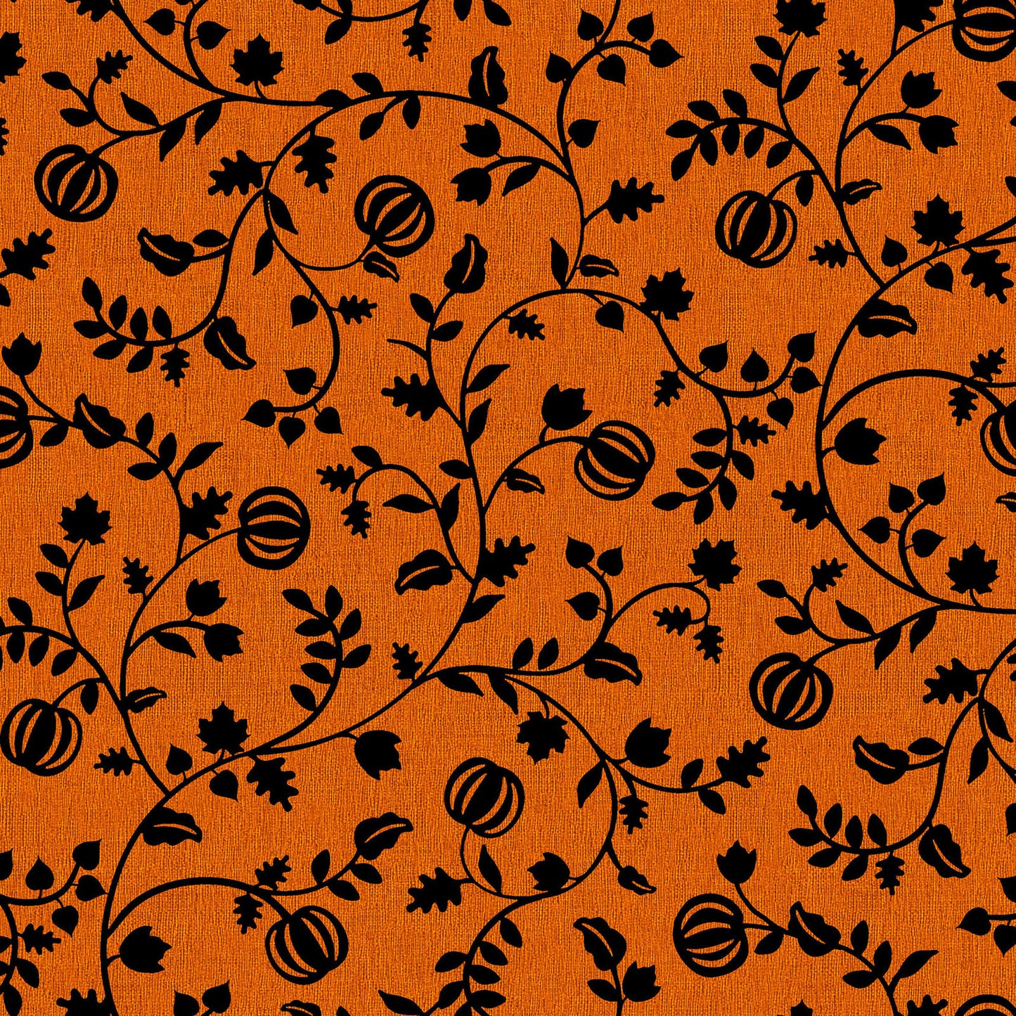 Pattern from the Pumpkin Grove fabric Collection Pumpkin Vine: Twisting vines and leaves intertwining with growing pumpkins. Backgrounds: Available in dark Greige and Orange. The Collection by Maywood Studio is a rustic, farmhouse-inspired Halloween line featuring sophisticated seasonal palette and includes22 patterns characterized by textured backgrounds and classic spooky motifs