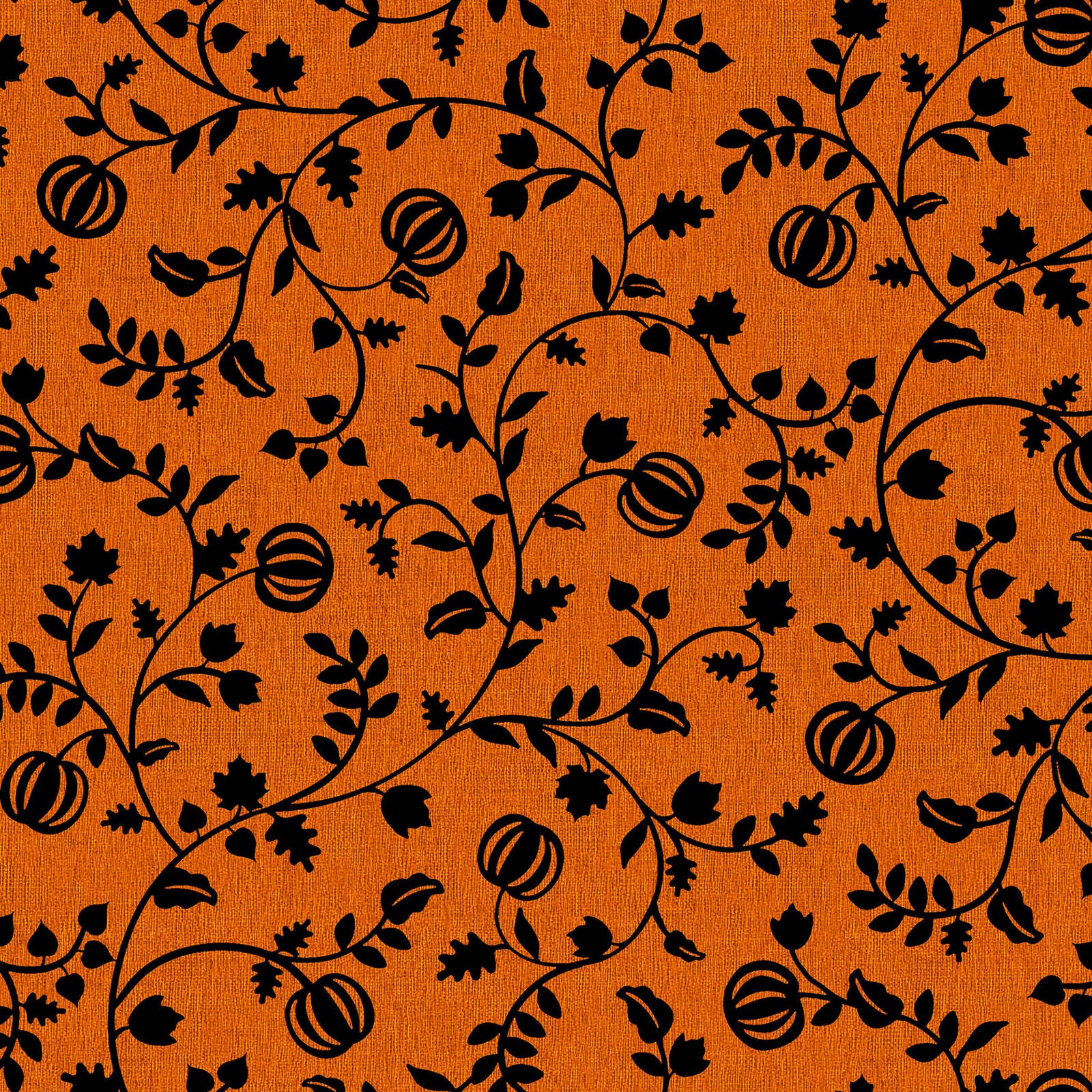 Pattern from the Pumpkin Grove fabric Collection Pumpkin Vine: Twisting vines and leaves intertwining with growing pumpkins. Backgrounds: Available in dark Greige and Orange. The Collection by Maywood Studio is a rustic, farmhouse-inspired Halloween line featuring sophisticated seasonal palette and includes22 patterns characterized by textured backgrounds and classic spooky motifs