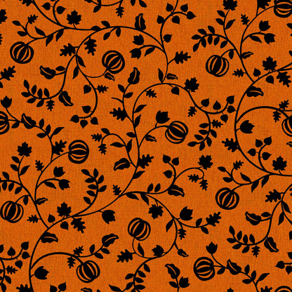 Pattern from the Pumpkin Grove fabric Collection Pumpkin Vine: Twisting vines and leaves intertwining with growing pumpkins. Backgrounds: Available in dark Greige and Orange. The Collection by Maywood Studio is a rustic, farmhouse-inspired Halloween line featuring sophisticated seasonal palette and includes22 patterns characterized by textured backgrounds and classic spooky motifs