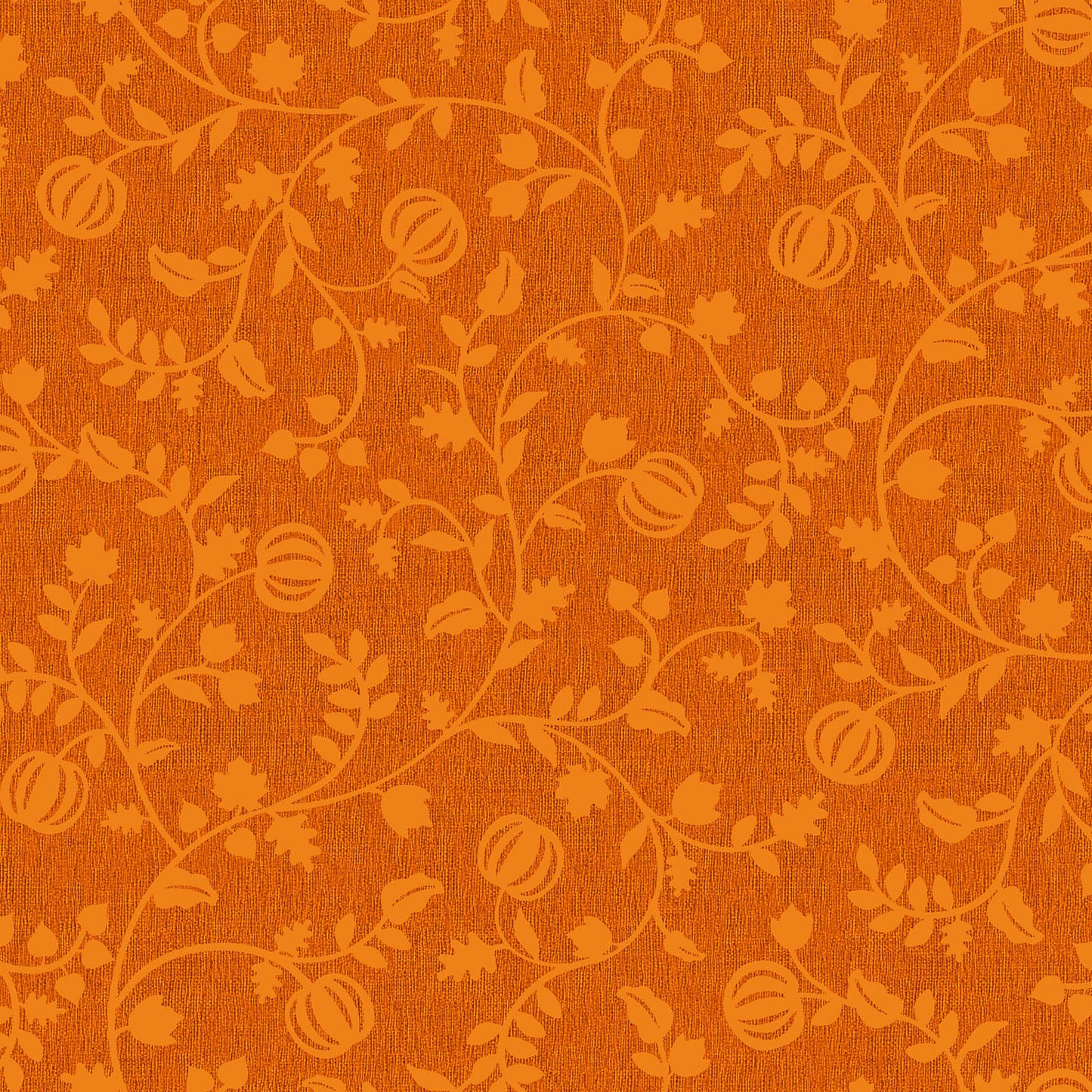 Pattern from the Pumpkin Grove fabric Collection Pumpkin Vine: Twisting vines and leaves intertwining with growing pumpkins. Backgrounds: Available in dark Greige and Orange. The Collection by Maywood Studio is a rustic, farmhouse-inspired Halloween line featuring sophisticated seasonal palette and includes22 patterns characterized by textured backgrounds and classic spooky motifs