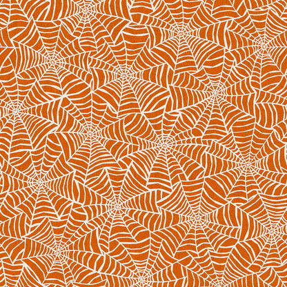 Pattern from the Pumpkin Grove fabric Collection Spider Webs: An allover tossed spider web texture. Backgrounds: Available in Black, Orange, and Cream.. The Collection by Maywood Studio is a rustic, farmhouse-inspired Halloween line featuring sophisticated seasonal palette and includes22 patterns characterized by textured backgrounds and classic spooky motifs