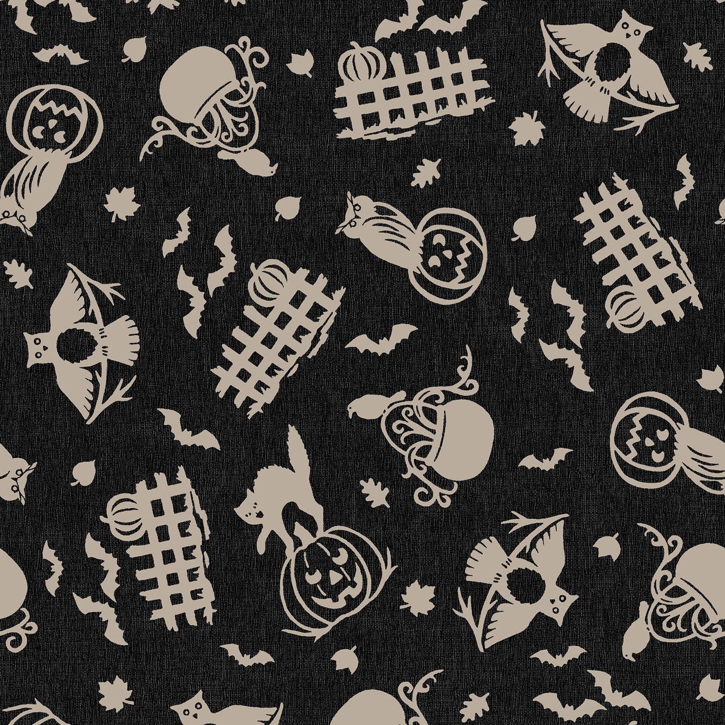 Pattern from the Pumpkin Grove fabric Collection Spooky Fences & Owls: A tossed print depicting silhouetted cats and owls perched on jack-o'-lanterns and decorated picket fences, mixed with floating bats and leaves. Backgrounds: Jet Black/Orange,  Cream/Orange. The Collection by Maywood Studio is a rustic, farmhouse-inspired Halloween line featuring sophisticated seasonal palette and includes 22 patterns characterized by textured backgrounds and classic spooky motifs