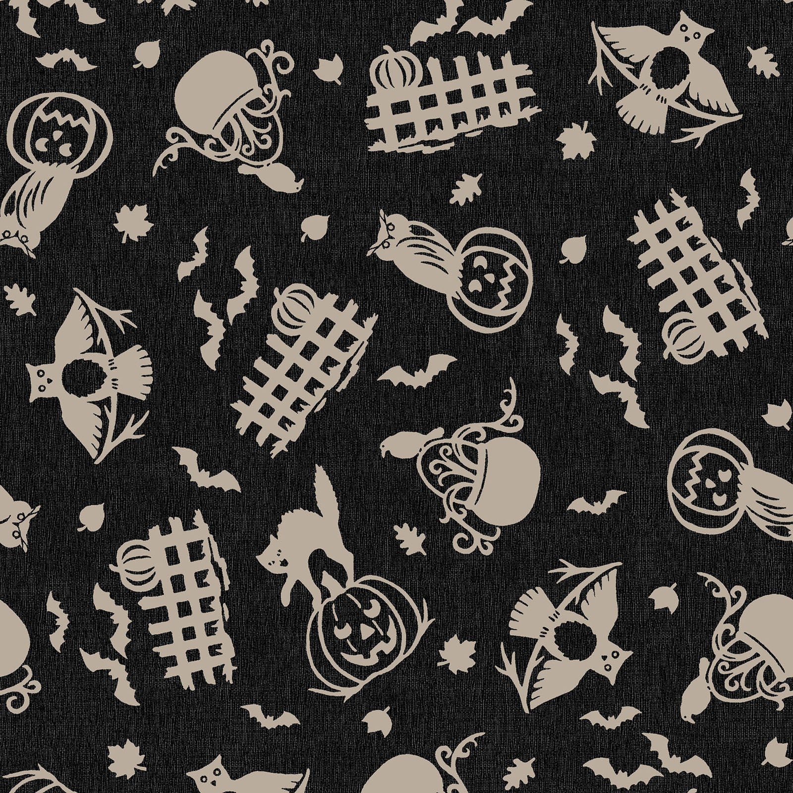 Pattern from the Pumpkin Grove fabric Collection Spooky Fences & Owls: A tossed print depicting silhouetted cats and owls perched on jack-o'-lanterns and decorated picket fences, mixed with floating bats and leaves. Backgrounds: Jet Black/Orange,  Cream/Orange. The Collection by Maywood Studio is a rustic, farmhouse-inspired Halloween line featuring sophisticated seasonal palette and includes 22 patterns characterized by textured backgrounds and classic spooky motifs