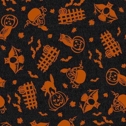Pattern from the Pumpkin Grove fabric Collection Spooky Fences & Owls: A tossed print depicting silhouetted cats and owls perched on jack-o'-lanterns and decorated picket fences, mixed with floating bats and leaves. Backgrounds: Jet Black/Orange,  Cream/Orange. The Collection by Maywood Studio is a rustic, farmhouse-inspired Halloween line featuring sophisticated seasonal palette and includes 22 patterns characterized by textured backgrounds and classic spooky motifs