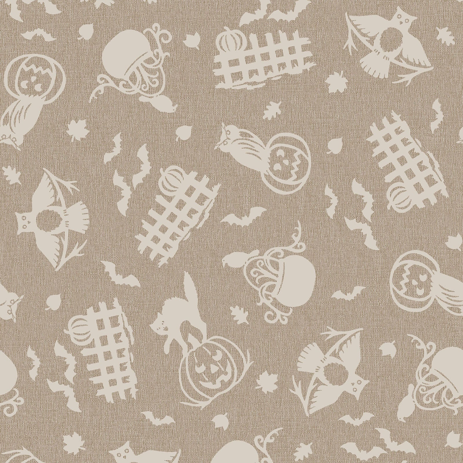 Pattern from the Pumpkin Grove fabric Collection Spooky Fences & Owls: A tossed print depicting silhouetted cats and owls perched on jack-o'-lanterns and decorated picket fences, mixed with floating bats and leaves. Backgrounds: Jet Black/Orange,  Cream/Orange. The Collection by Maywood Studio is a rustic, farmhouse-inspired Halloween line featuring sophisticated seasonal palette and includes 22 patterns characterized by textured backgrounds and classic spooky motifs