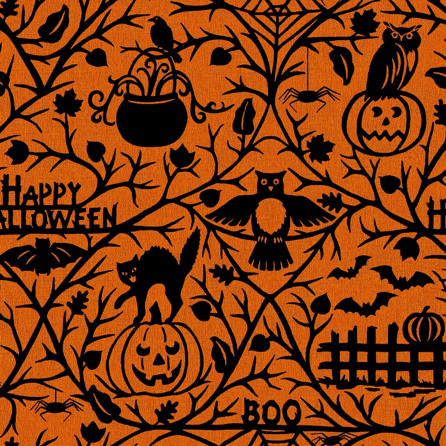 Pattern from the Pumpkin Grove fabric Collection Spooky Pumpkins & Animals: Features branchy vines, leaves, pumpkins, & Halloween animals, with words like "Happy Halloween" & "Boo!" hidden in the design, Backgrounds: in Stone/Tan, Orange, and Black. The Collection by Maywood Studio is a rustic, farmhouse-inspired Halloween line featuring sophisticated seasonal palette of black, cream, orange, tan, and gray. It includes 22 SKUs & is characterized by textured backgrounds and classic spooky motifs
