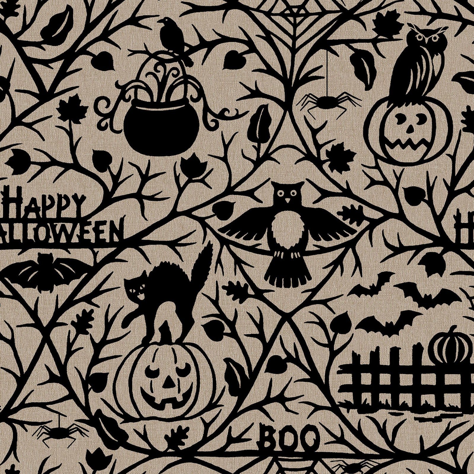 Pattern from the Pumpkin Grove fabric Collection Spooky Pumpkins & Animals: Features branchy vines, leaves, pumpkins, & Halloween animals, with words like "Happy Halloween" & "Boo!" hidden in the design, Backgrounds: in Stone/Tan, Orange, and Black. The Collection by Maywood Studio is a rustic, farmhouse-inspired Halloween line featuring sophisticated seasonal palette of black, cream, orange, tan, and gray. It includes 22 SKUs & is characterized by textured backgrounds and classic spooky motifs