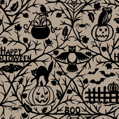 Pattern from the Pumpkin Grove fabric Collection Spooky Pumpkins & Animals: Features branchy vines, leaves, pumpkins, & Halloween animals, with words like "Happy Halloween" & "Boo!" hidden in the design, Backgrounds: in Stone/Tan, Orange, and Black. The Collection by Maywood Studio is a rustic, farmhouse-inspired Halloween line featuring sophisticated seasonal palette of black, cream, orange, tan, and gray. It includes 22 SKUs & is characterized by textured backgrounds and classic spooky motifs