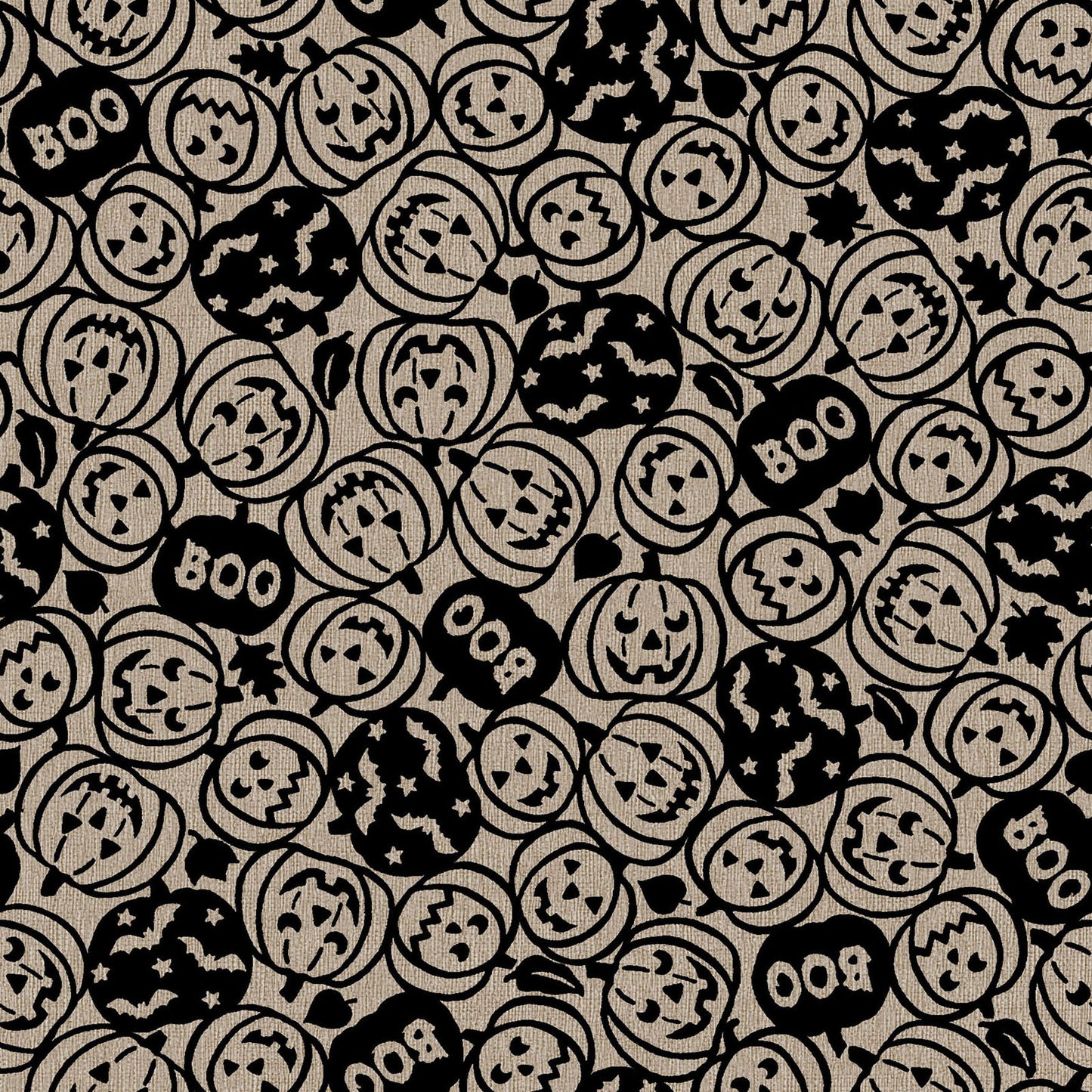 Pattern from the Pumpkin Grove fabric Collection Spooky Pumpkins: design features tossed carved jack-o'-lanterns, the word "boo," and flying bats. Backgrounds are orange, Orange/Black, Tan and Tan/Black. The collection by Maywood Studio is a rustic, farmhouse-inspired Halloween line featuring sophisticated seasonal palette and includes22 patterns characterized by textured backgrounds and classic spooky motifs