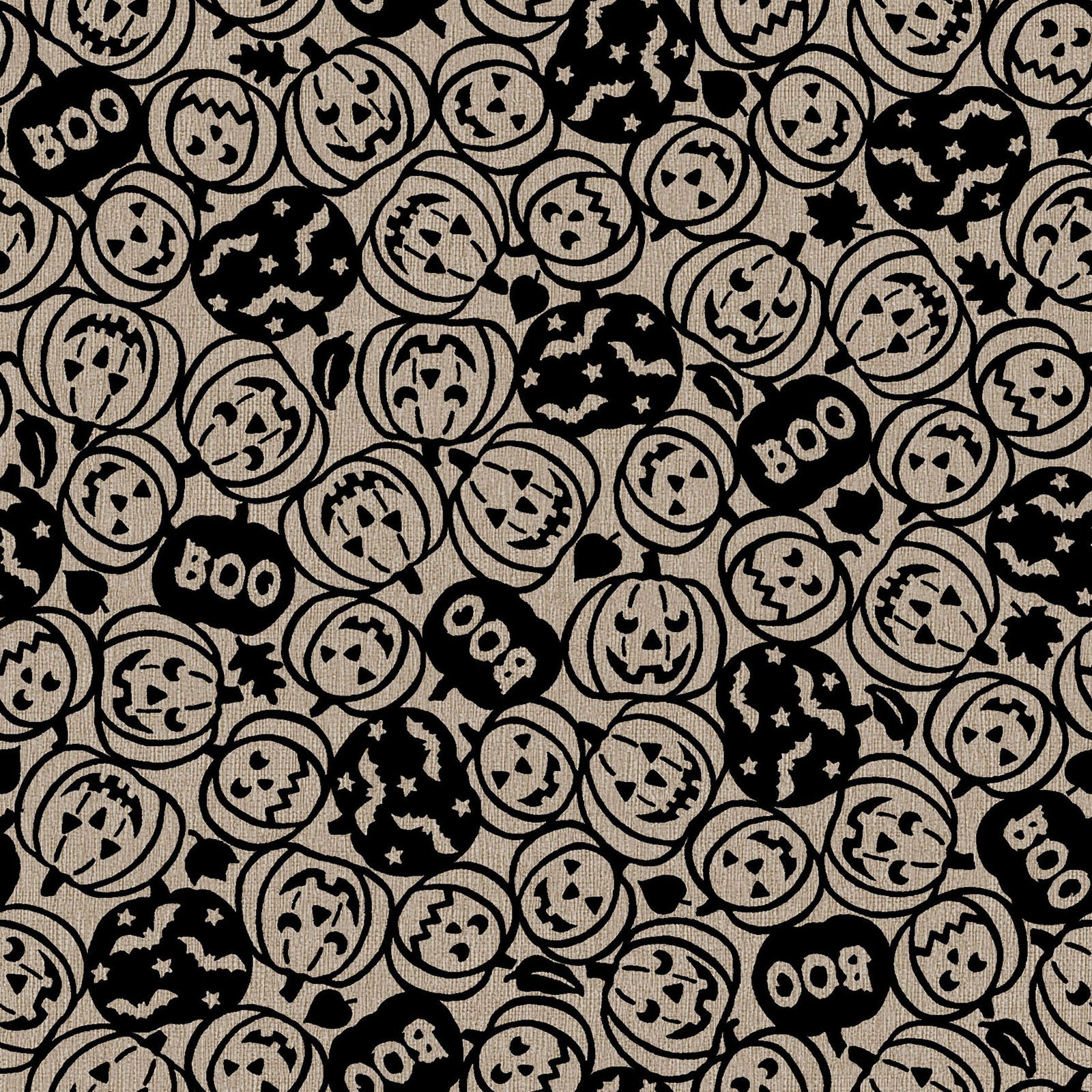 Pattern from the Pumpkin Grove fabric Collection Spooky Pumpkins: design features tossed carved jack-o'-lanterns, the word "boo," and flying bats. Backgrounds are orange, Orange/Black, Tan and Tan/Black. The collection by Maywood Studio is a rustic, farmhouse-inspired Halloween line featuring sophisticated seasonal palette and includes22 patterns characterized by textured backgrounds and classic spooky motifs