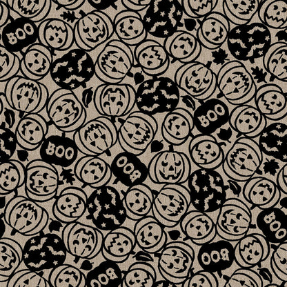 Pattern from the Pumpkin Grove fabric Collection Spooky Pumpkins: design features tossed carved jack-o'-lanterns, the word "boo," and flying bats. Backgrounds are orange, Orange/Black, Tan and Tan/Black. The collection by Maywood Studio is a rustic, farmhouse-inspired Halloween line featuring sophisticated seasonal palette and includes22 patterns characterized by textured backgrounds and classic spooky motifs