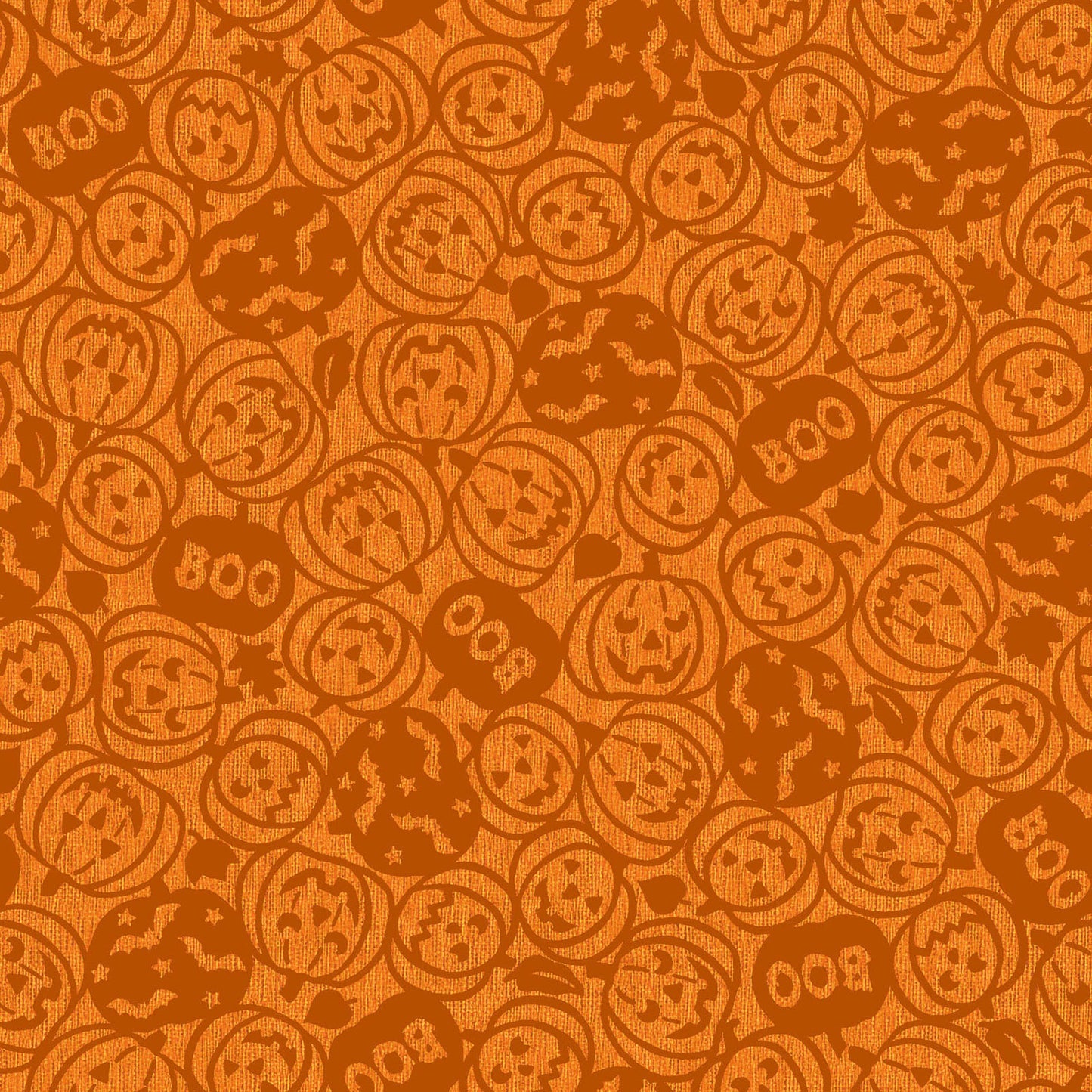 Pattern from the Pumpkin Grove fabric Collection Spooky Pumpkins: design features tossed carved jack-o'-lanterns, the word "boo," and flying bats. Backgrounds are orange, Orange/Black, Tan and Tan/Black. The collection by Maywood Studio is a rustic, farmhouse-inspired Halloween line featuring sophisticated seasonal palette and includes22 patterns characterized by textured backgrounds and classic spooky motifs