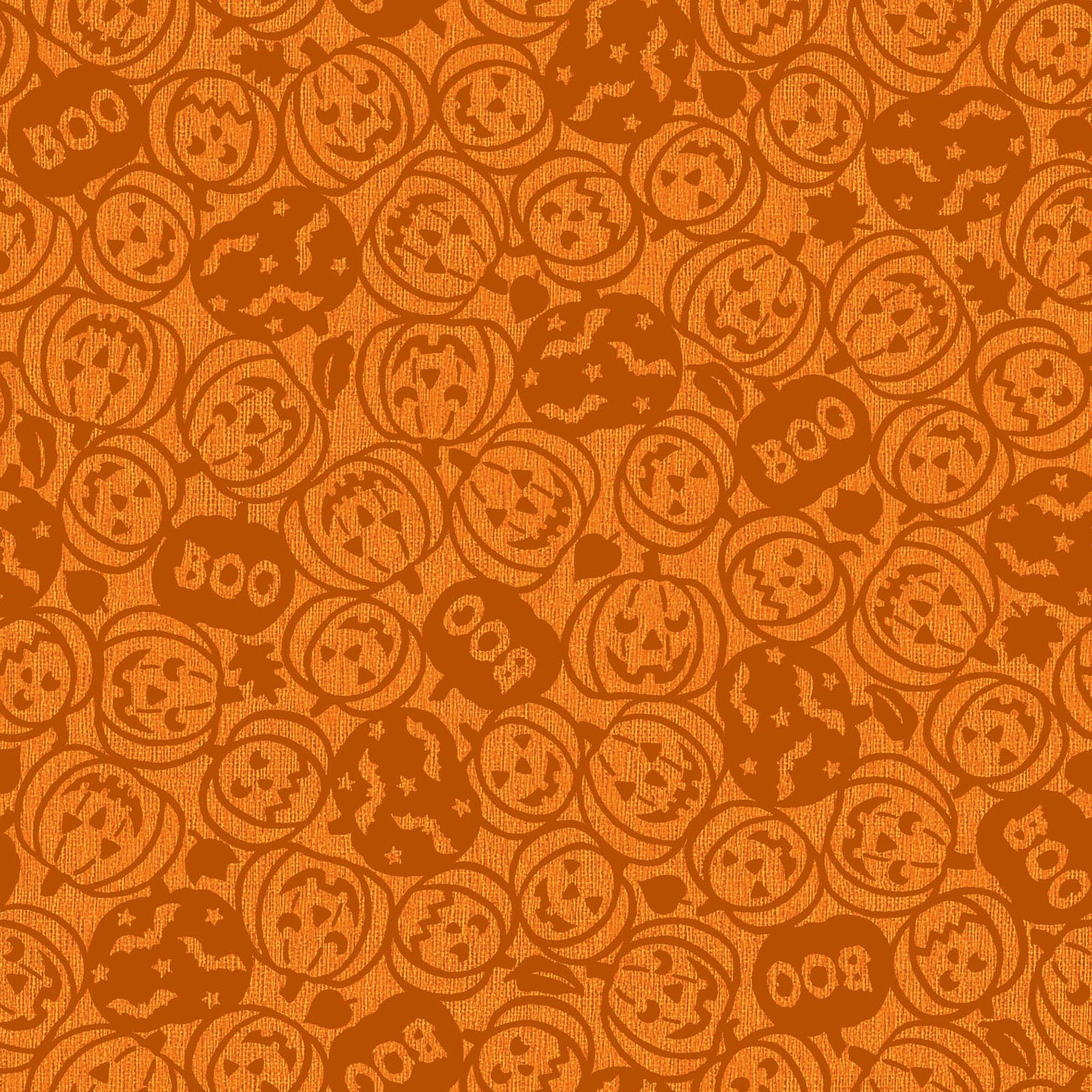 Pattern from the Pumpkin Grove fabric Collection Spooky Pumpkins: design features tossed carved jack-o'-lanterns, the word "boo," and flying bats. Backgrounds are orange, Orange/Black, Tan and Tan/Black. The collection by Maywood Studio is a rustic, farmhouse-inspired Halloween line featuring sophisticated seasonal palette and includes22 patterns characterized by textured backgrounds and classic spooky motifs