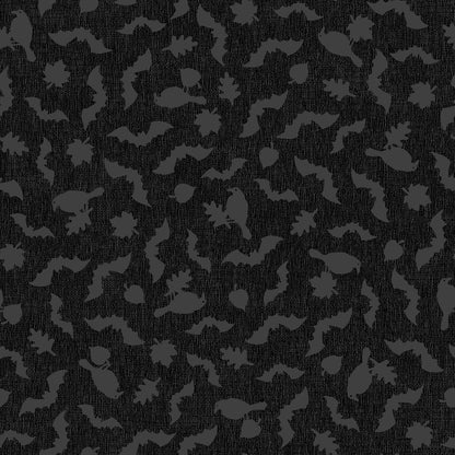Pattern from the Pumpkin Grove fabric Collection Tonal Bats & Ravens: Scattered jet black ravens, leaves, and bats floating over a heavily textured backdrop. Backgrounds: Available in Warm Gray, Cream, and Tan/Greige. The Collection by Maywood Studio is a rustic, farmhouse-inspired Halloween line featuring sophisticated seasonal palette and includes22 patterns characterized by textured backgrounds and classic spooky motifs