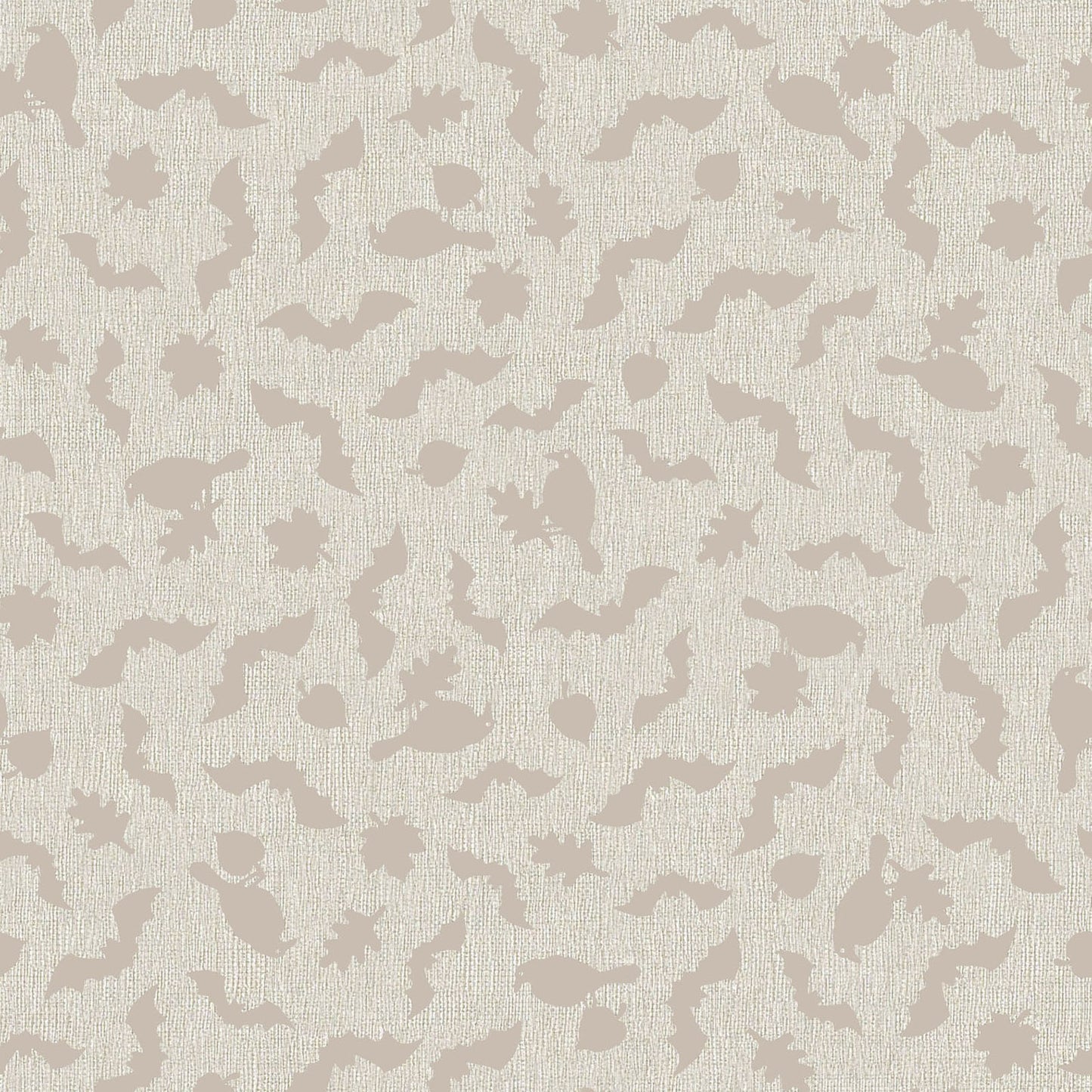 Pattern from the Pumpkin Grove fabric Collection Tonal Bats & Ravens: Scattered jet black ravens, leaves, and bats floating over a heavily textured backdrop. Backgrounds: Available in Warm Gray, Cream, and Tan/Greige. The Collection by Maywood Studio is a rustic, farmhouse-inspired Halloween line featuring sophisticated seasonal palette and includes22 patterns characterized by textured backgrounds and classic spooky motifs
