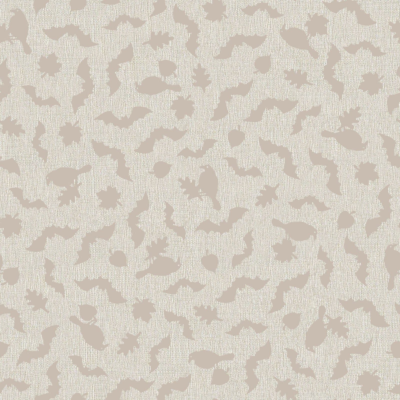 Pattern from the Pumpkin Grove fabric Collection Tonal Bats & Ravens: Scattered jet black ravens, leaves, and bats floating over a heavily textured backdrop. Backgrounds: Available in Warm Gray, Cream, and Tan/Greige. The Collection by Maywood Studio is a rustic, farmhouse-inspired Halloween line featuring sophisticated seasonal palette and includes22 patterns characterized by textured backgrounds and classic spooky motifs