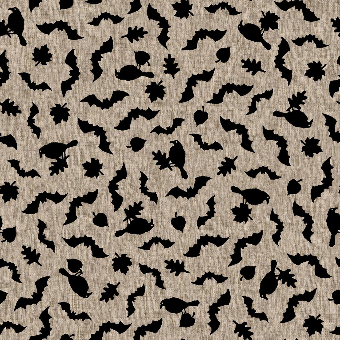 Pattern from the Pumpkin Grove fabric Collection Tonal Bats & Ravens: Scattered jet black ravens, leaves, and bats floating over a heavily textured backdrop. Backgrounds: Available in Warm Gray, Cream, and Tan/Greige. The Collection by Maywood Studio is a rustic, farmhouse-inspired Halloween line featuring sophisticated seasonal palette and includes22 patterns characterized by textured backgrounds and classic spooky motifs