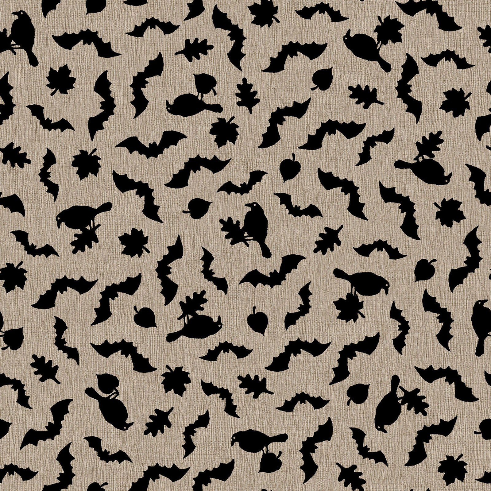 Pattern from the Pumpkin Grove fabric Collection Tonal Bats & Ravens: Scattered jet black ravens, leaves, and bats floating over a heavily textured backdrop. Backgrounds: Available in Warm Gray, Cream, and Tan/Greige. The Collection by Maywood Studio is a rustic, farmhouse-inspired Halloween line featuring sophisticated seasonal palette and includes22 patterns characterized by textured backgrounds and classic spooky motifs