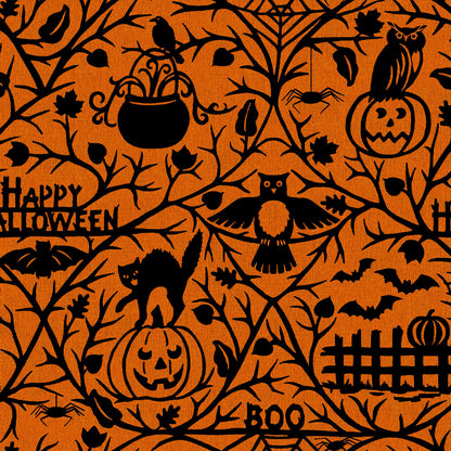 Pattern from the Pumpkin Grove fabric Collection Spooky Pumpkins & Animals: Features branchy vines, leaves, pumpkins, & Halloween animals, with words like "Happy Halloween" & "Boo!" hidden in the design, Backgrounds: in Stone/Tan, Orange, and Black. The Collection by Maywood Studio is a rustic, farmhouse-inspired Halloween line featuring sophisticated seasonal palette of black, cream, orange, tan, and gray. It includes 22 SKUs & is characterized by textured backgrounds and classic spooky motifs