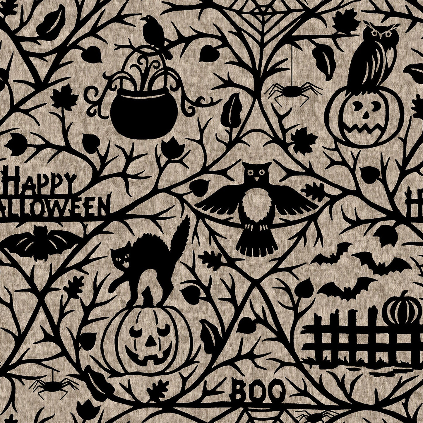 Pattern from the Pumpkin Grove fabric Collection Spooky Pumpkins & Animals: Features branchy vines, leaves, pumpkins, & Halloween animals, with words like "Happy Halloween" & "Boo!" hidden in the design, Backgrounds: in Stone/Tan, Orange, and Black. The Collection by Maywood Studio is a rustic, farmhouse-inspired Halloween line featuring sophisticated seasonal palette of black, cream, orange, tan, and gray. It includes 22 SKUs & is characterized by textured backgrounds and classic spooky motifs