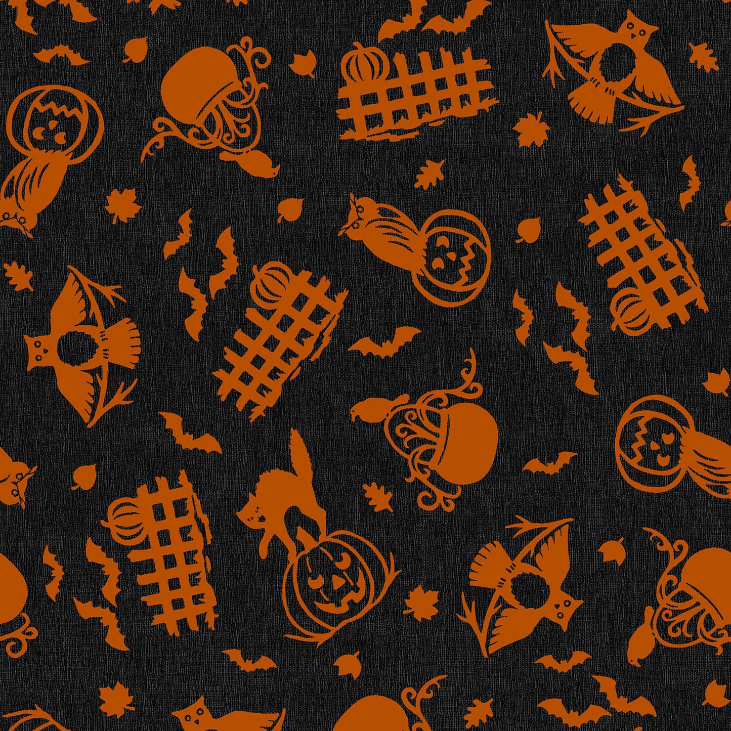 Pattern from the Pumpkin Grove fabric Collection Spooky Fences & Owls: A tossed print depicting silhouetted cats and owls perched on jack-o'-lanterns and decorated picket fences, mixed with floating bats and leaves. Backgrounds: Jet Black/Orange,  Cream/Orange. The Collection by Maywood Studio is a rustic, farmhouse-inspired Halloween line featuring sophisticated seasonal palette and includes 22 patterns characterized by textured backgrounds and classic spooky motifs