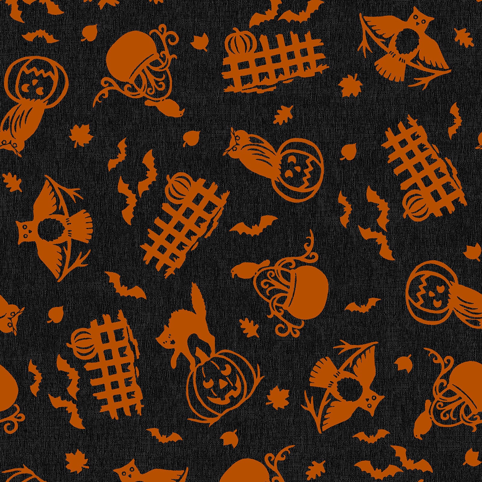 Pattern from the Pumpkin Grove fabric Collection Spooky Fences & Owls: A tossed print depicting silhouetted cats and owls perched on jack-o'-lanterns and decorated picket fences, mixed with floating bats and leaves. Backgrounds: Jet Black/Orange,  Cream/Orange. The Collection by Maywood Studio is a rustic, farmhouse-inspired Halloween line featuring sophisticated seasonal palette and includes 22 patterns characterized by textured backgrounds and classic spooky motifs