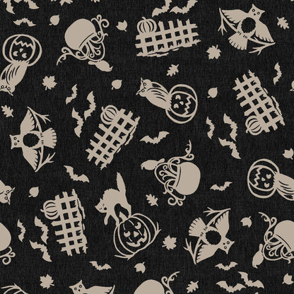 Pattern from the Pumpkin Grove fabric Collection Spooky Fences & Owls: A tossed print depicting silhouetted cats and owls perched on jack-o'-lanterns and decorated picket fences, mixed with floating bats and leaves. Backgrounds: Jet Black/Orange,  Cream/Orange. The Collection by Maywood Studio is a rustic, farmhouse-inspired Halloween line featuring sophisticated seasonal palette and includes 22 patterns characterized by textured backgrounds and classic spooky motifs