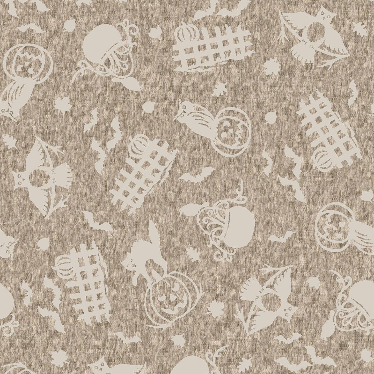 Pattern from the Pumpkin Grove fabric Collection Spooky Fences & Owls: A tossed print depicting silhouetted cats and owls perched on jack-o'-lanterns and decorated picket fences, mixed with floating bats and leaves. Backgrounds: Jet Black/Orange,  Cream/Orange. The Collection by Maywood Studio is a rustic, farmhouse-inspired Halloween line featuring sophisticated seasonal palette and includes 22 patterns characterized by textured backgrounds and classic spooky motifs