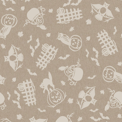 Pattern from the Pumpkin Grove fabric Collection Spooky Fences & Owls: A tossed print depicting silhouetted cats and owls perched on jack-o'-lanterns and decorated picket fences, mixed with floating bats and leaves. Backgrounds: Jet Black/Orange,  Cream/Orange. The Collection by Maywood Studio is a rustic, farmhouse-inspired Halloween line featuring sophisticated seasonal palette and includes 22 patterns characterized by textured backgrounds and classic spooky motifs